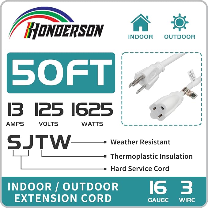 Indoor Outdoor Extension Cord Weatherproof, UL Certified, 16 Gauge 50FT White 3 - Image 3