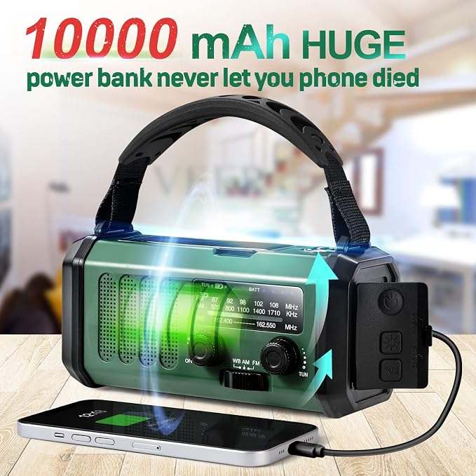 NOAA Emergency Weather Radio, Best Portable 10000mAh Battery/Hand Crank/Solar - Image 3