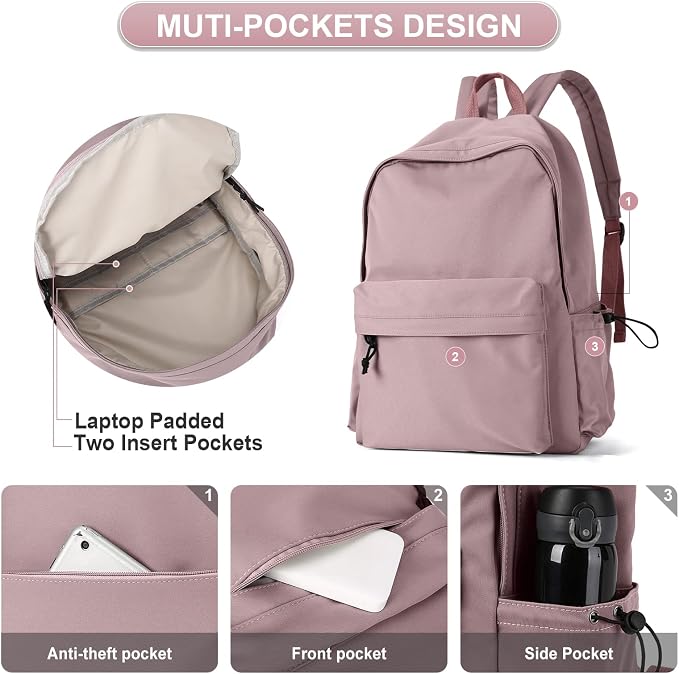 Purple School Backpack for Girls Water Resistant High School Book Bag Simple - Image 4