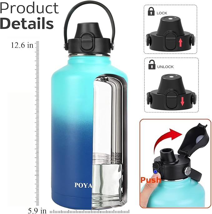 Water Bottle Insulated 32oz 40oz 64oz 128oz Straw Lid Spout Lid & 3 Lids - Image 2
