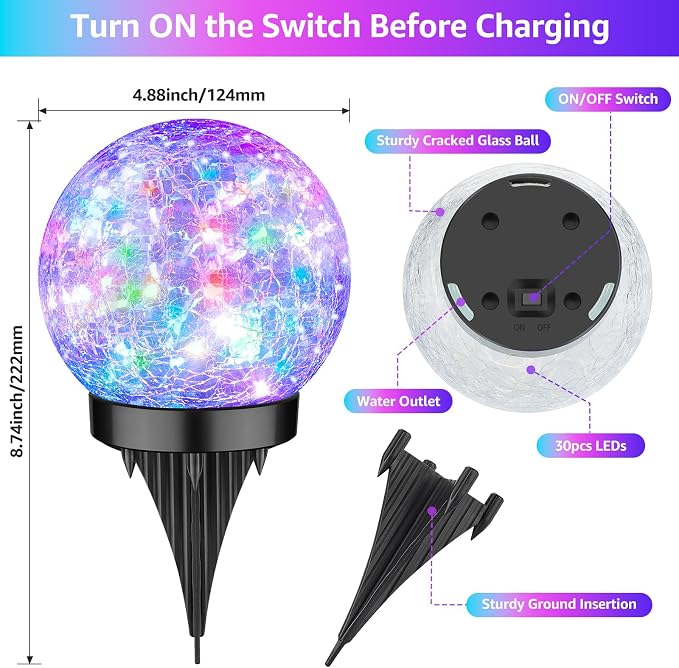 ASOMST 2-Pack Garden Solar Lights Outdoor, Colored Cracked Glass Ball Light - Image 8
