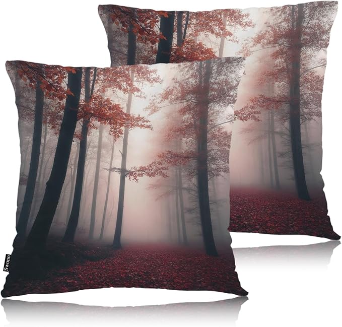 Swono Foggy Forest Throw Pillow Cases Pack of 2, Misty Autumn Tree Woods by Swono