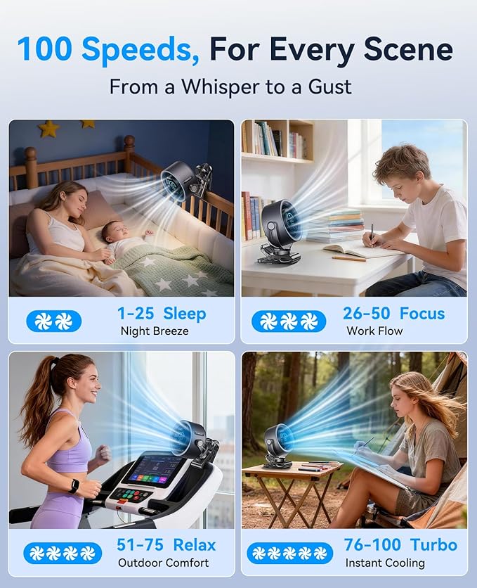 KIMMOO 4000mAh Rechargeable Portable Clip on Fan-100-Speed Touch Control - Image 3