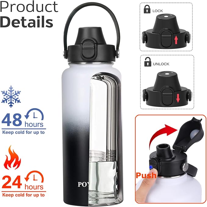 Water Bottle Insulated 32oz 40oz 64oz 128oz Straw Lid Spout Lid & 3 Lids - Image 2
