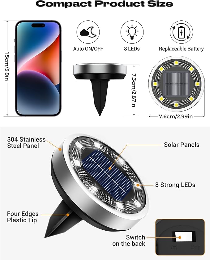 btfarm 2 Pack Solar Lights Outdoor, 8 LED Solar Ground Lights IP65 Waterproof - Image 6