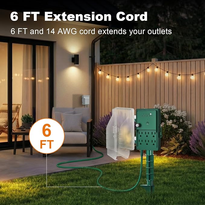 SURAIELEC Outdoor Power Stake, Dusk to Dawn Light Timer, 6 Electrical Outlet - Image 3