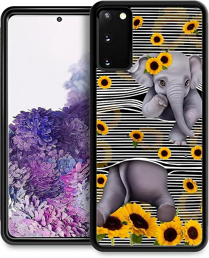 for Samsung Galaxy S20 Case, Cute Little Elephant Sunflower White Line Art by FKBRCL4U