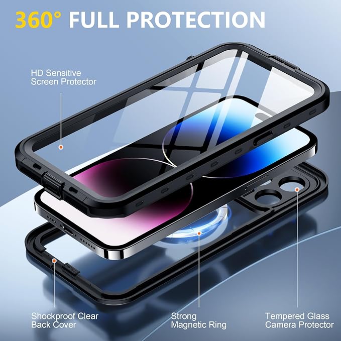 Red2Fire for iPhone 14 Pro Case Waterproof, Phone Case 6.1" Black/Clear - Image 5