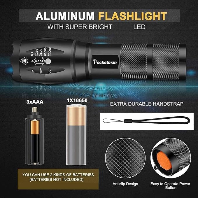 Pocketman LED Tactical Flashlight Super Bright LED Flashlights Portable Outdoor - Image 2