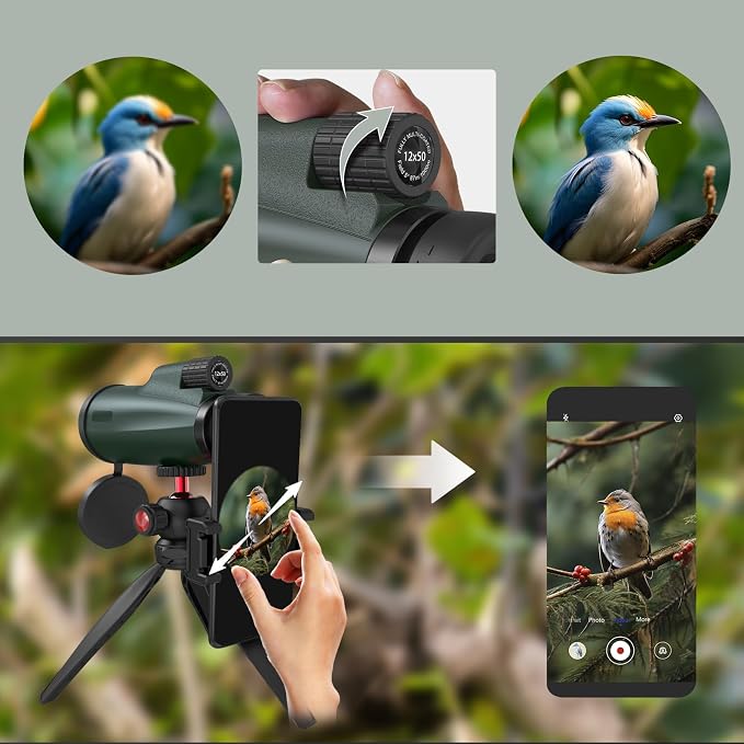 12x50 Monocular Telescope with Smartphone Adapter and Tripod, High-Power - Image 2
