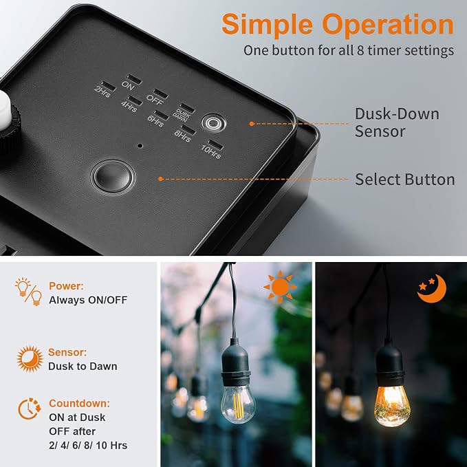 SURAIELEC Outdoor Power Stake Light Timer, Dusk to Dawn, 6 Electrical Outlet - Image 2