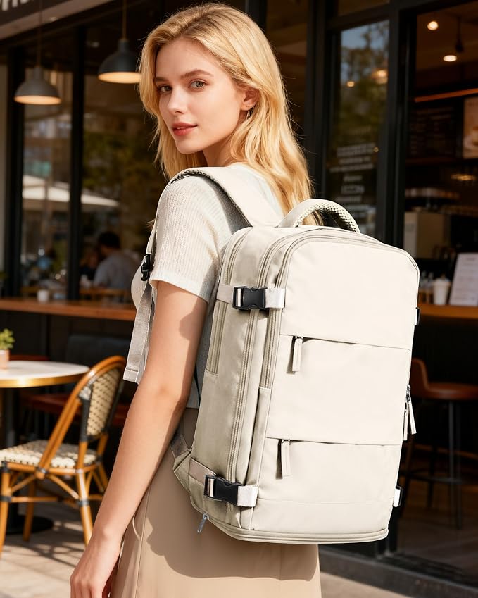 coofay Beige Travel Backpack For Women Men Airline Approved Personal Item Carry - Image 2