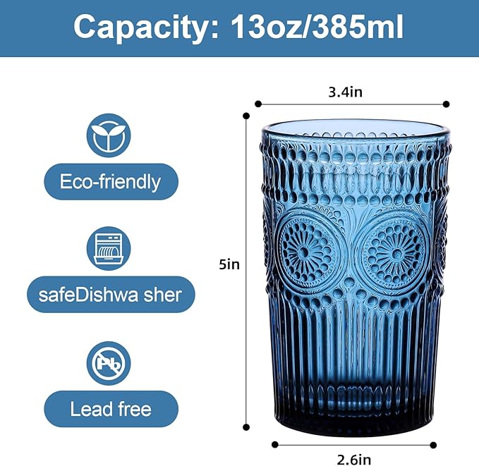 ZMOWIPDL Vintage Glassware Drinking Glasses Set of 6, 13 oz Blue Textured - Image 2