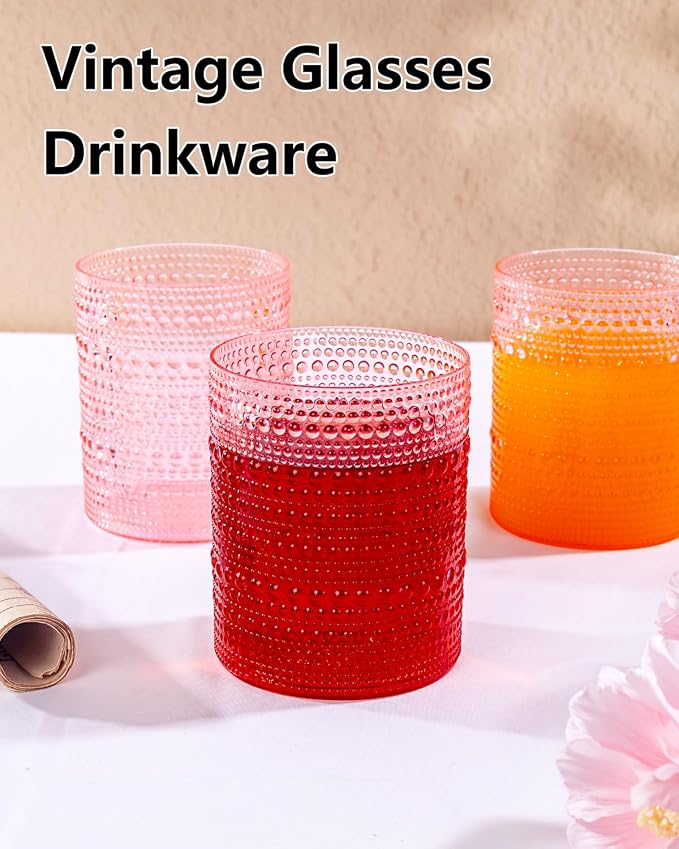 YOUBET 24PCS Plastic Drinking Glasses - 14OZ Pink Hobnail Drinkware Glasses - - Image 5