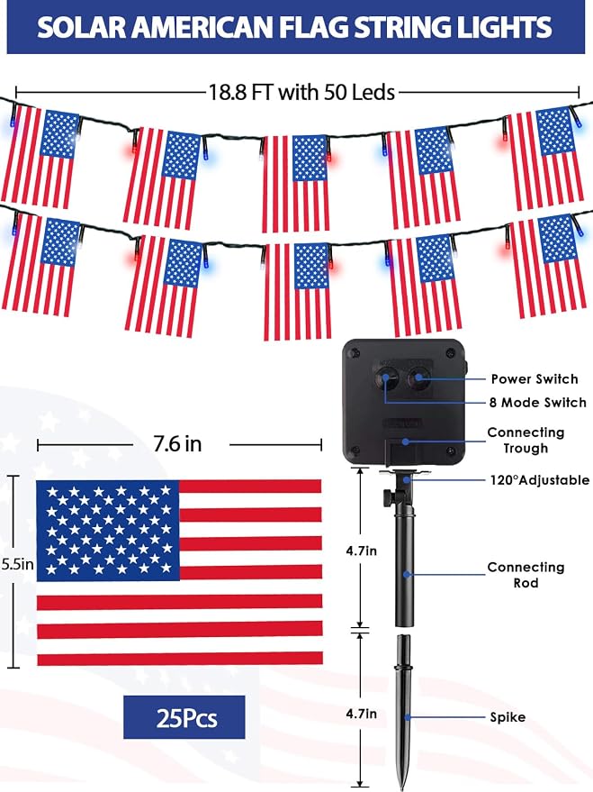 2 Pack 4th of July Decorations, Solar American Flag Lights Outdoor - Image 5