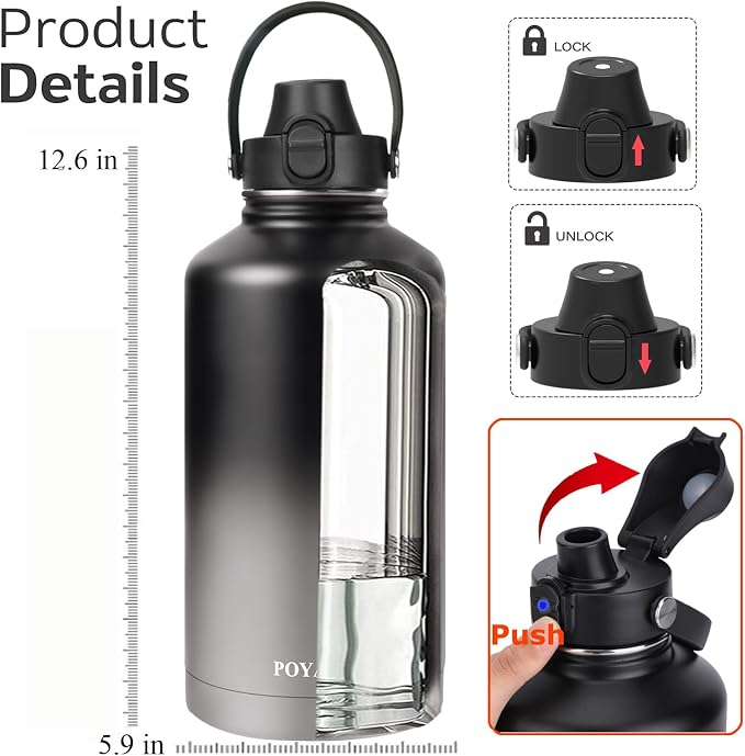 Water Bottle Insulated 32oz 40oz 64oz 128oz Straw Lid Spout Lid & 3 Lids - Image 2