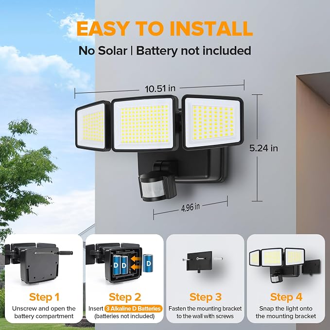 UME Battery Powered Motion Sensor Outdoor Lights 302 LED 1800LM, IP65 - Image 6