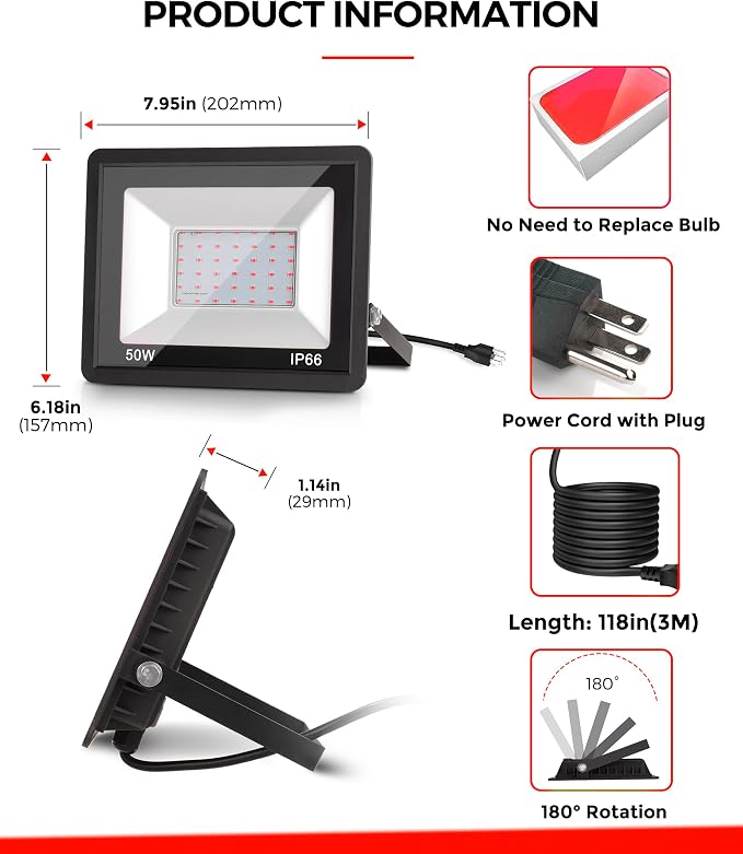 L LOHAS LED Red Flood Light Outdoor,    50W Plug in Flood - Image 7