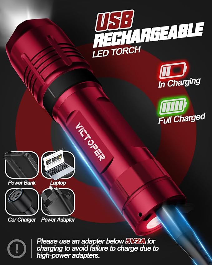 Victoper Red Rechargeabe Flashlight 2 Pack, High Lumens 5 Modes LED Bright - Image 4
