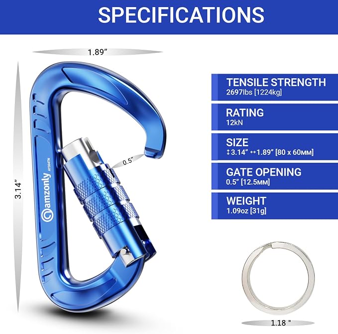 3inch Auto Locking Carabiner Clips Heavy Duty, 12KN /2697lbs Lightweight - Image 2