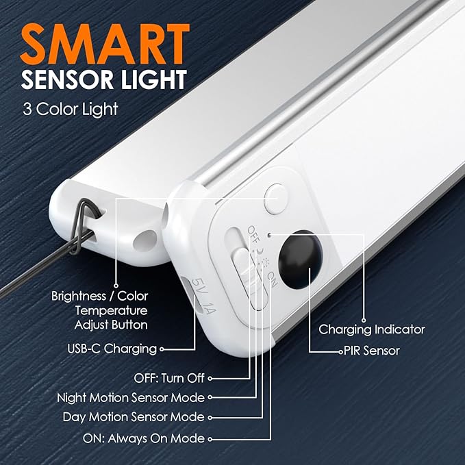 RUIKORING 8.5" Under Cabinet Lighting 6 Pack, 3 Colors, Motion Sensor Light - Image 3