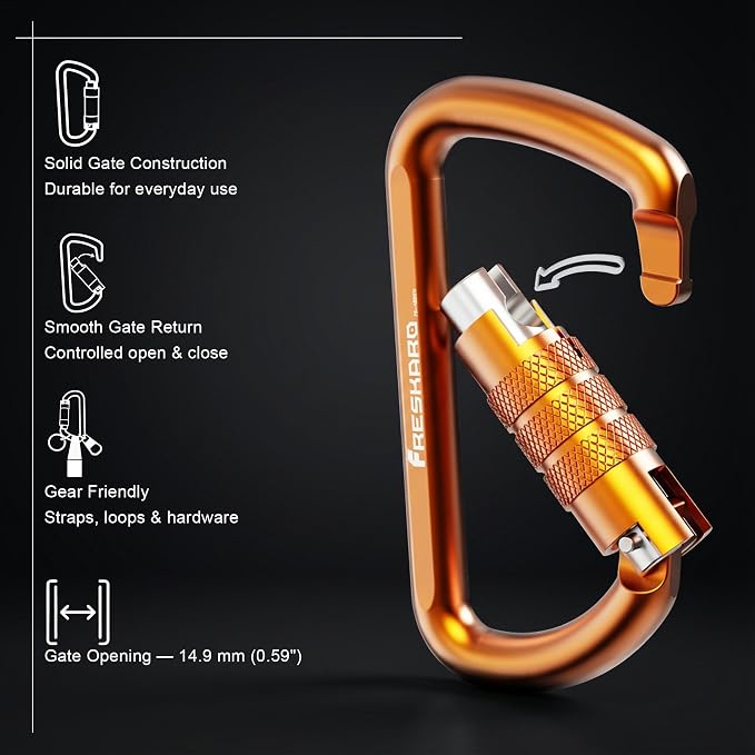 FresKaro 3inch 12kN-2698lbs Auto Locking Carabiner Clips, Solid D Shape - Image 3