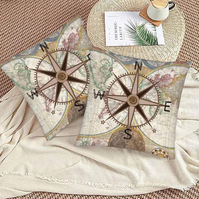 Nautical Compass Throw Pillow Covers 18x18 Historical World Map Earth - Image 3