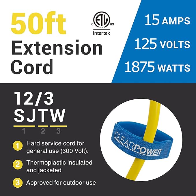 Clear Power 50 ft 12/3 SJTW Heavy Duty Outdoor Extension Cord, Water & Weather - Image 8