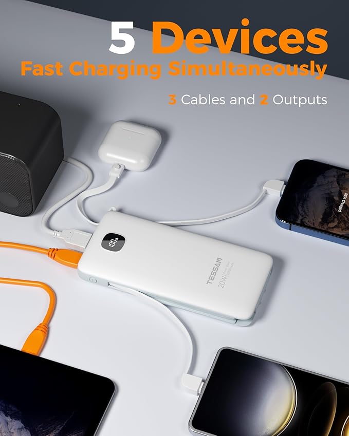 Portable Charger with Built in Cables, TESSAN 10000mAh Power Bank Fast Charging - Image 2