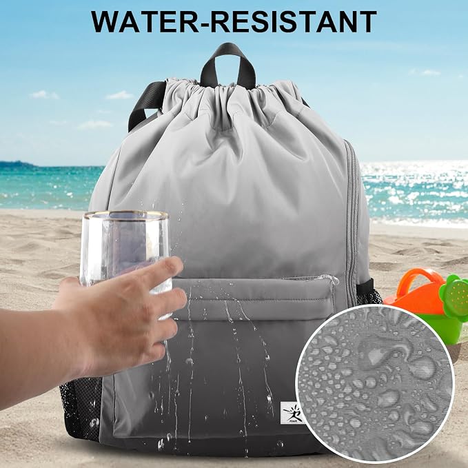 Drawstring Backpack with Mesh Pockets String Gym Bag Sackpack Sandproof Water - Image 3