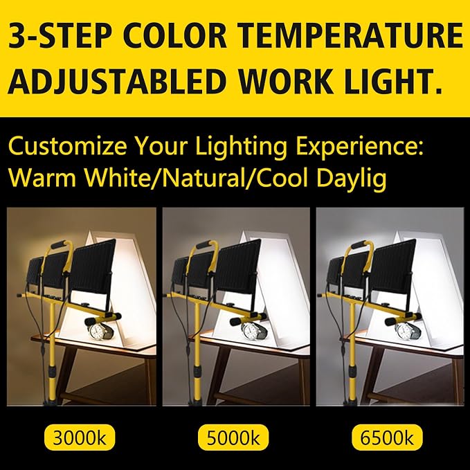 32000LM LED Work Light with Tripod, 3x100W 3-Head Floodlight, Plug-in 120V - Image 3