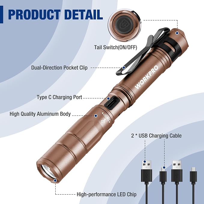 WORKPRO Rechargeable Pen Light, Mini Flashlight, 2 Pack Ultra-Compact EDC - Image 7