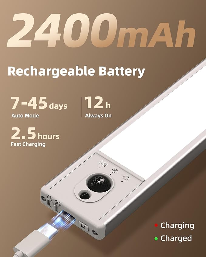 EZVALO 5-Pack Under Cabinet Lighting, 2400mAh Motion Sensor Light, LED Closet - Image 4