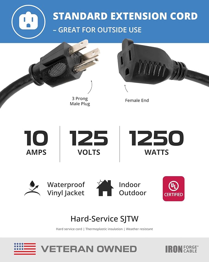 Iron Forge Cable 100 Ft Black Extension Cord, 100 Foot Extension Cord, 3 Prong - Image 3