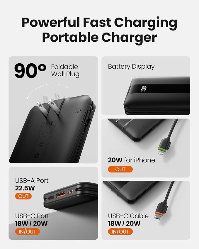 Portable Charger with Wall Plug, Fast Charging Power Bank Built-in Cables - Image 2
