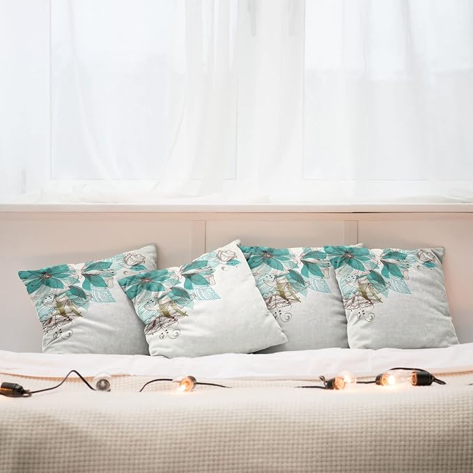 Ambesonne Turquoise Throw Pillow Cushion Case Pack of 4, Flowers Buds Leaf at - Image 6