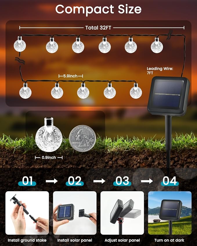 LORRYTE White 2-Pack 100 LED 64FT Crystal Globe Solar Lights Outdoor, - Image 2