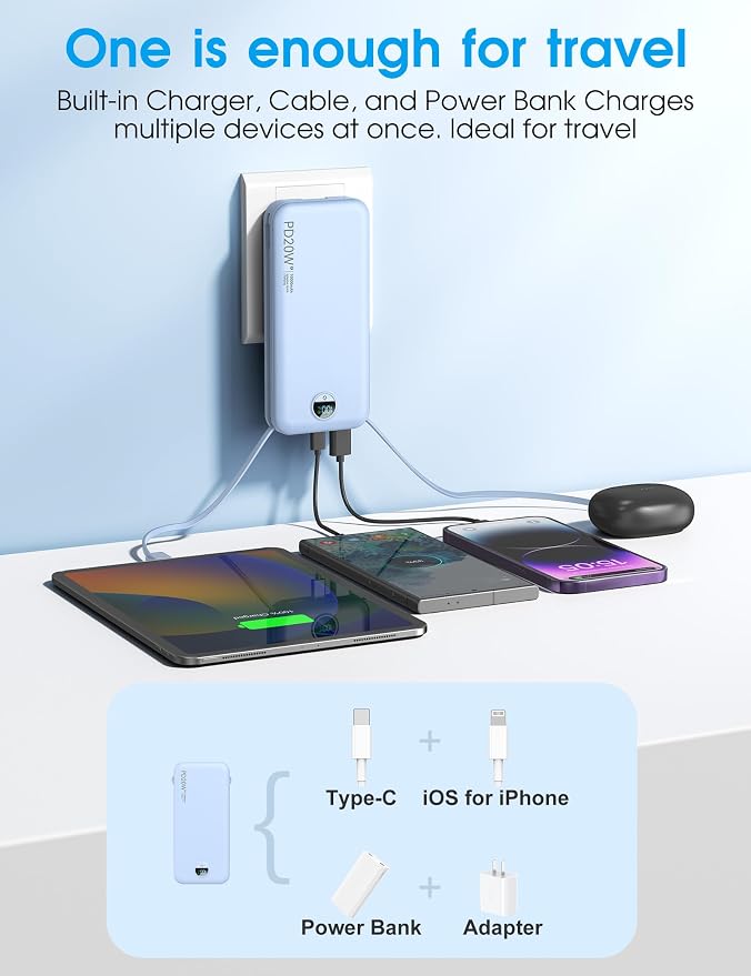 Portable Charger with Built-in Cables and Wall Plug, 10000mAh PD20W USB C Power - Image 4