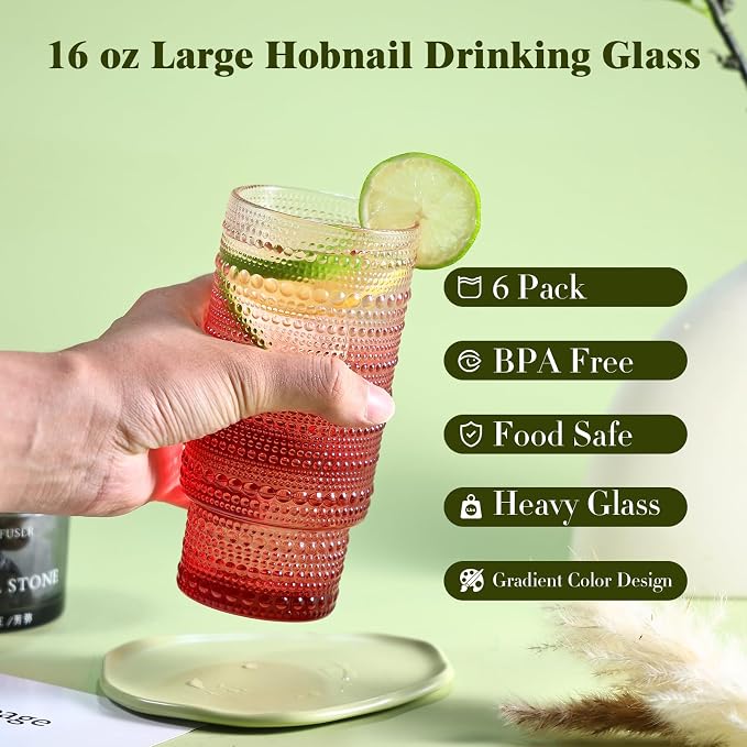 Large Capacity 16 oz Hobnail Drinking Glasses Set of 6, Vintage Glassware - Image 2