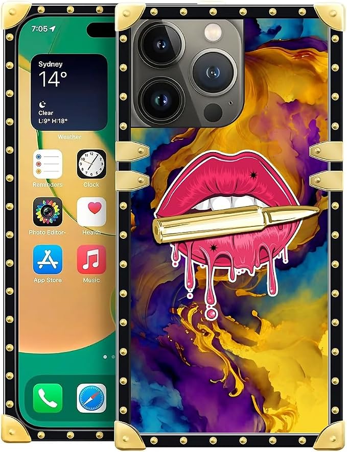 Compatible with iPhone 14 Pro Max Case, Cool Corlorful Lip Marble Luxury Golden by Unknown