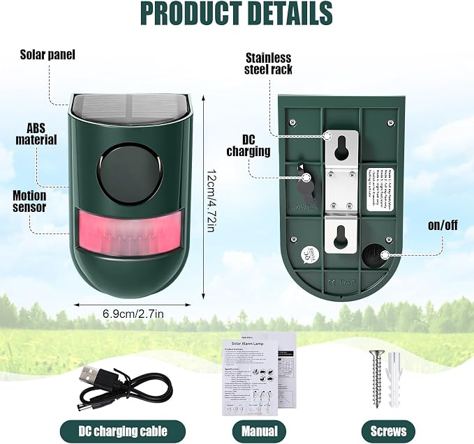 Qualirey Solar Sound and Light Alarm Motion Sensor 129db Outdoor Security Siren - Image 2