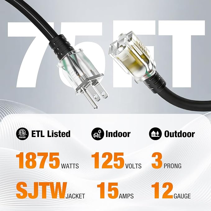 Outdoor Extension Cord 75 FT Waterproof, 12/3 Gauge Heavy Duty 3 Prong Power - Image 2