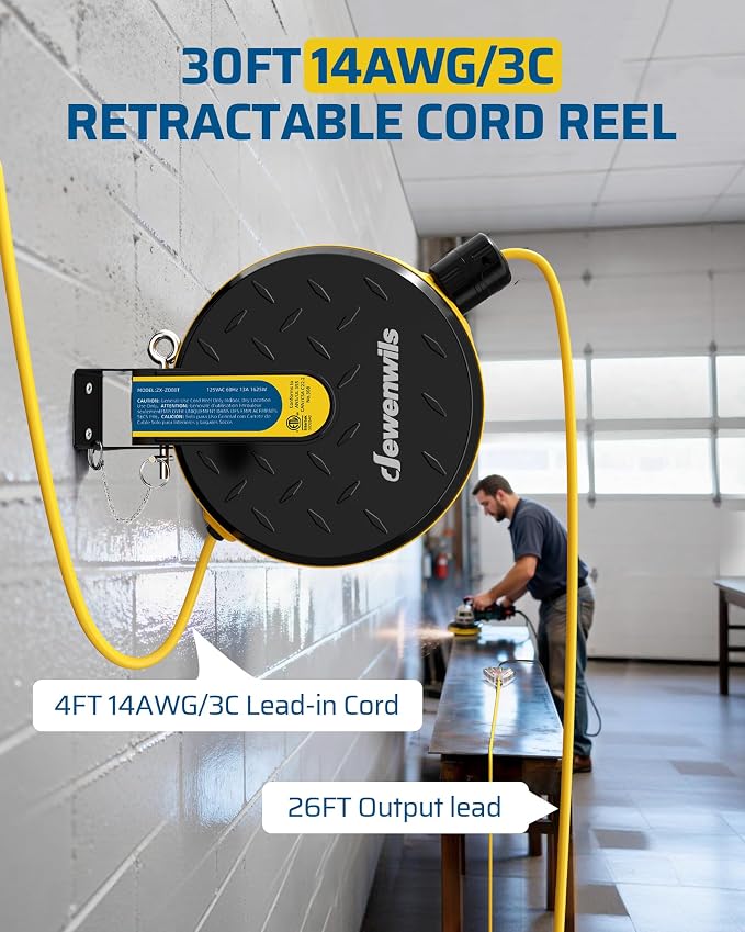 DEWENWILS 30FT Retractable Extension Cord Reel, Ceiling/Wall Mount 14/3 SJTW - Image 2