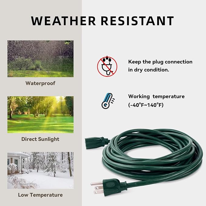 50ft Outdoor Extension Cord for Christmas Decorations- 16/3 Heavy Duty SJTW - Image 5