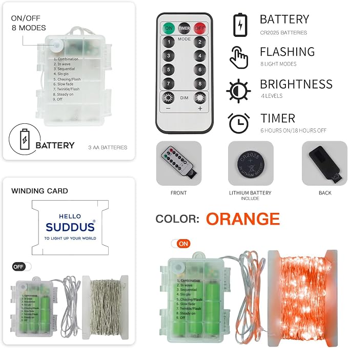 suddus Orange Halloween Fairy Lights Battery Operated, 66ft 200 LED Copper Wire - Image 8