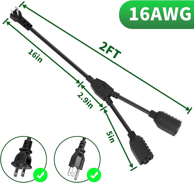 Elecan 3-Prong Y Splitter Power Extension Cord 2 FT/2 Pack, 90-Degree Angled - Image 2