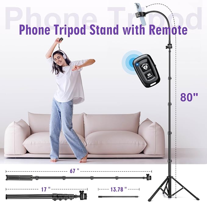 Nineigh 80" Phone Tripod, Selfie Stick Cellphone Tripod, Aluminum Tripods Stand - Image 6