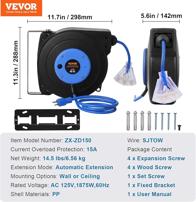 VEVOR Retractable Extension Cord Reel, 45 FT, Heavy Duty 12AWG/3C SJTOW - Image 7
