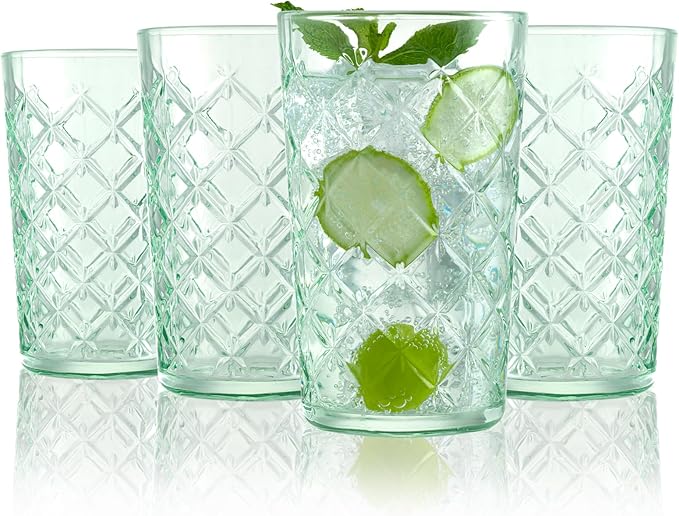 CREATIVELAND Drinking Highball Glasses Set of 4, Vintage Cross Hatch Glass Cups by CREATIVELAND