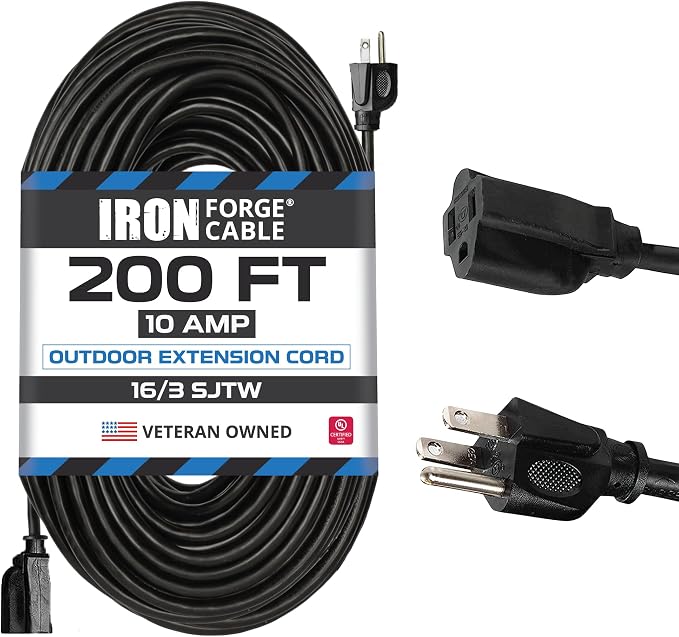 Iron Forge Cable 200 Ft Black Extension Cord, 200 Foot Extension Cord, 3 Prong by IronForgeCable